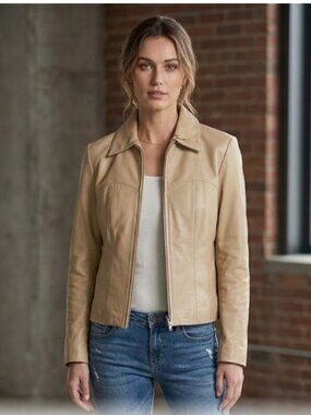 DANIER Vintage Camel Beige Leather Zip Up Corset Seam Jacket Small